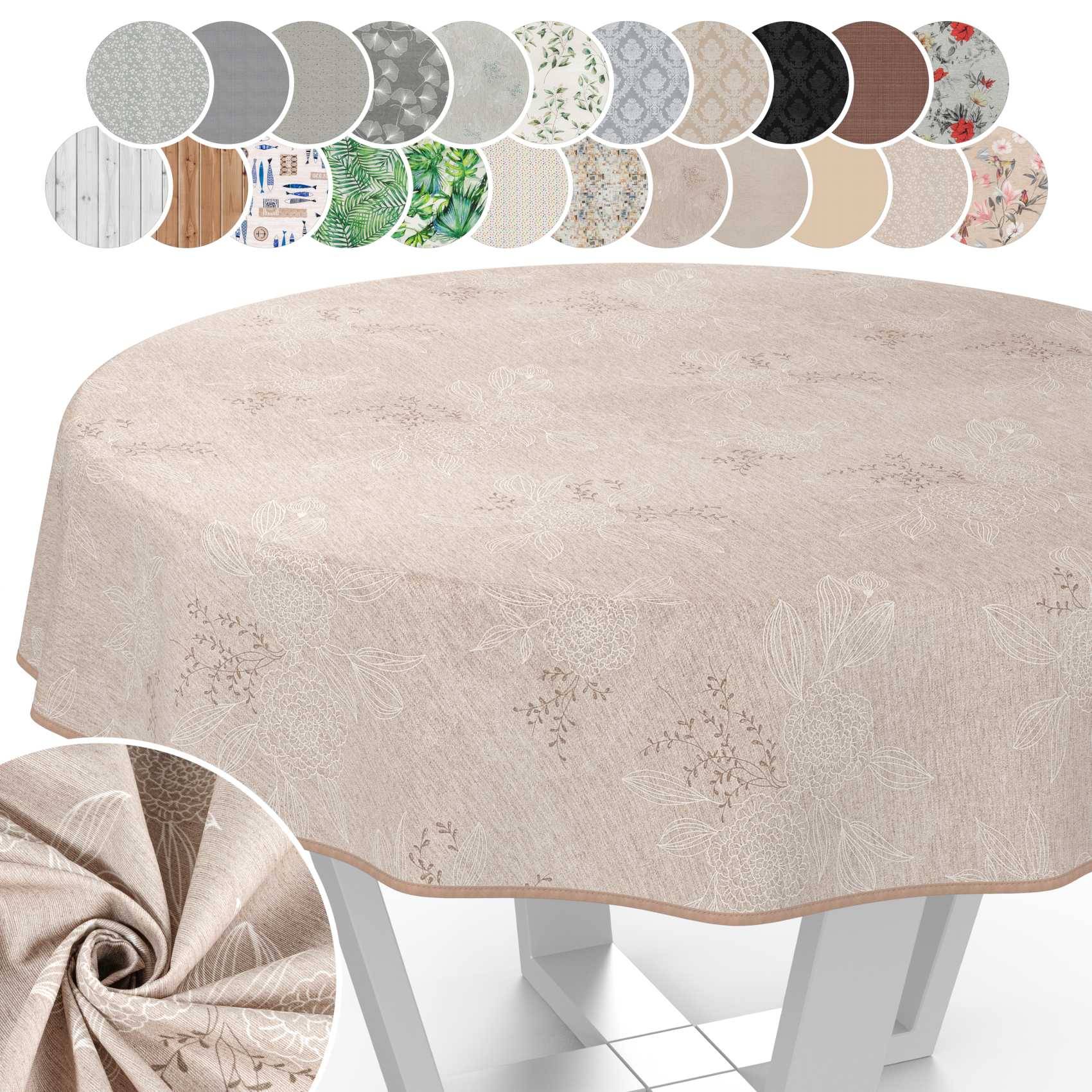 Runder Tisch mit beigefarbenem Tischdecke mit Blumenmuster, dargestellt mit kreisförmigen Stoffmustern oben und einer Nahaufnahme der Stoffstruktur eingefügt.