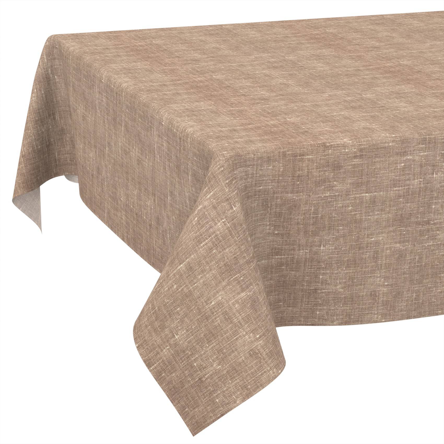 Beige-farbene Leinen-Tischdecke, über einen rechteckigen Tisch drapiert, mit strukturiertem Stoff und herabhängenden Ecken auf weißem Hintergrund.