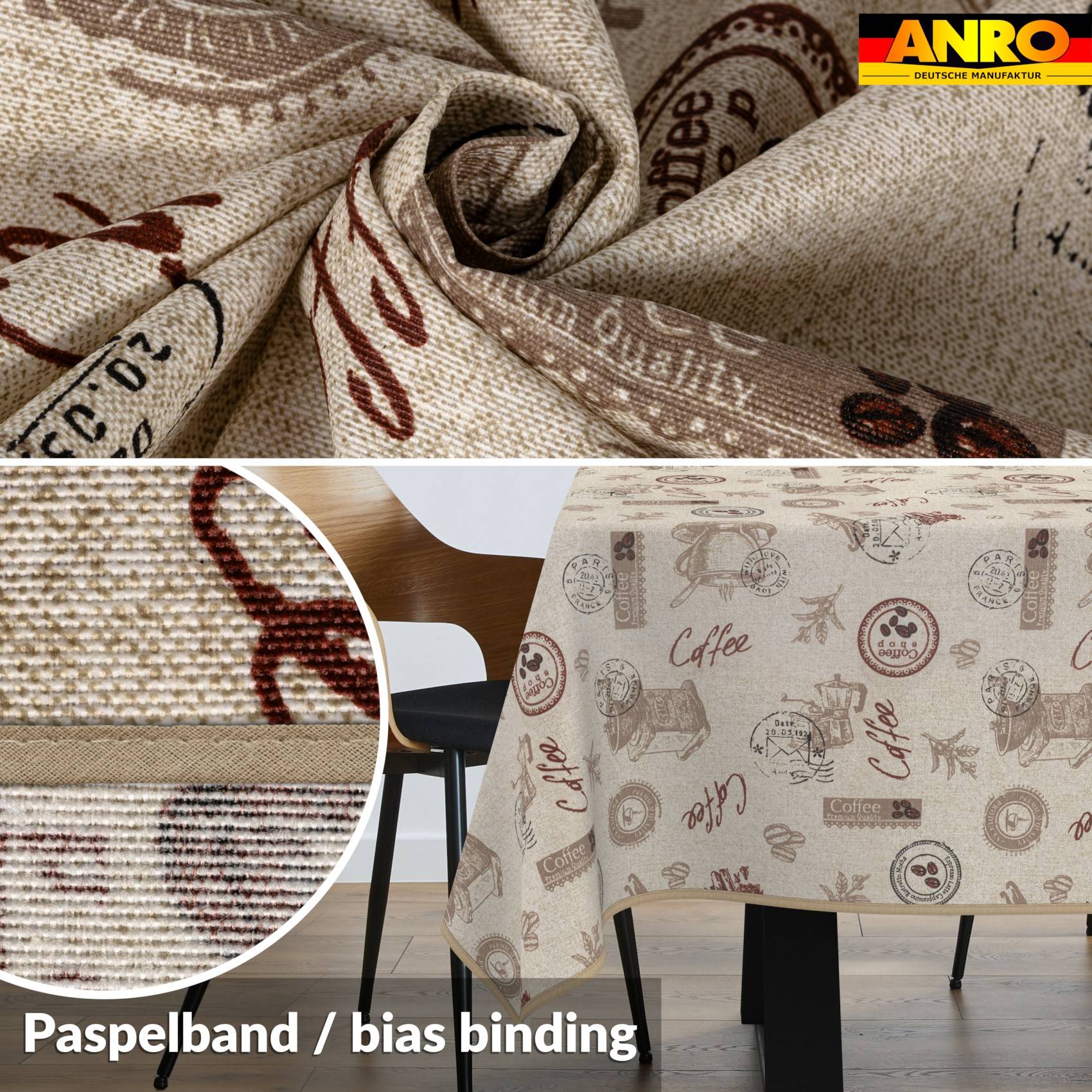 Werbebild aus kaffeebraun gefärbtem, gewebtem Stoff und Tischdecke mit Nahaufnahme-Texturausschnitt und dem Text „Paspelband / Schrägband".