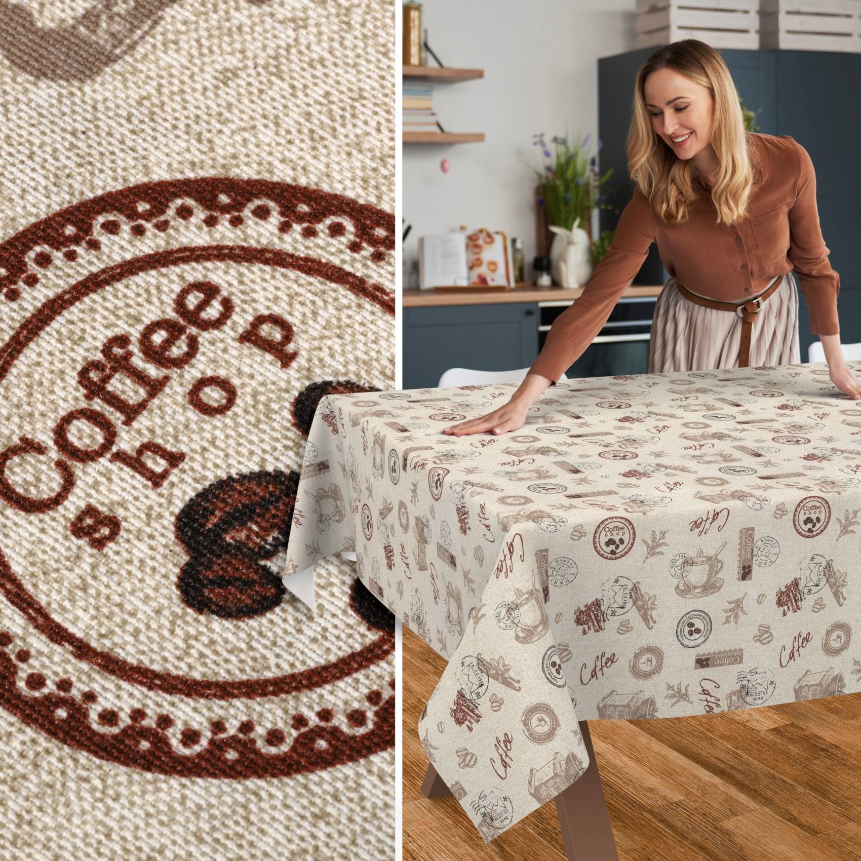 Frau, die ein Tischtuch mit Kaffee-Motiv auf einem Esstisch arrangiert, mit einer vergrößerten Detailaufnahme des Druckmusters „Kaffee".