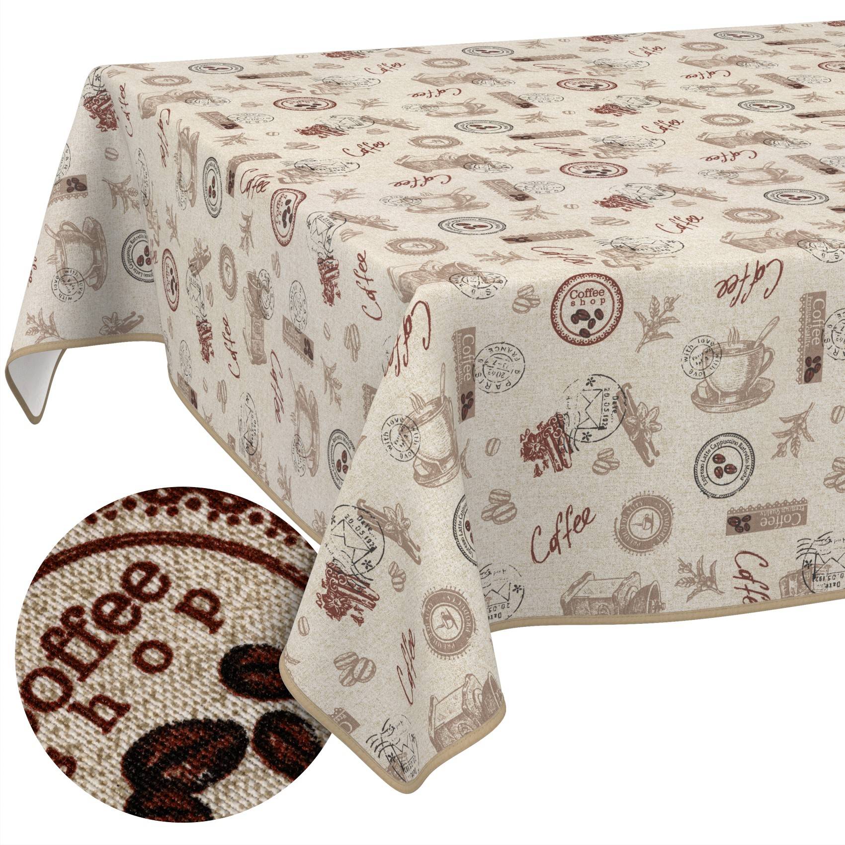 Beige Tischdecke mit Kaffee-Motiv-Druck, drapiert über einem Tisch dargestellt, mit einer Nahaufnahme des strukturierten Stoffmusters.