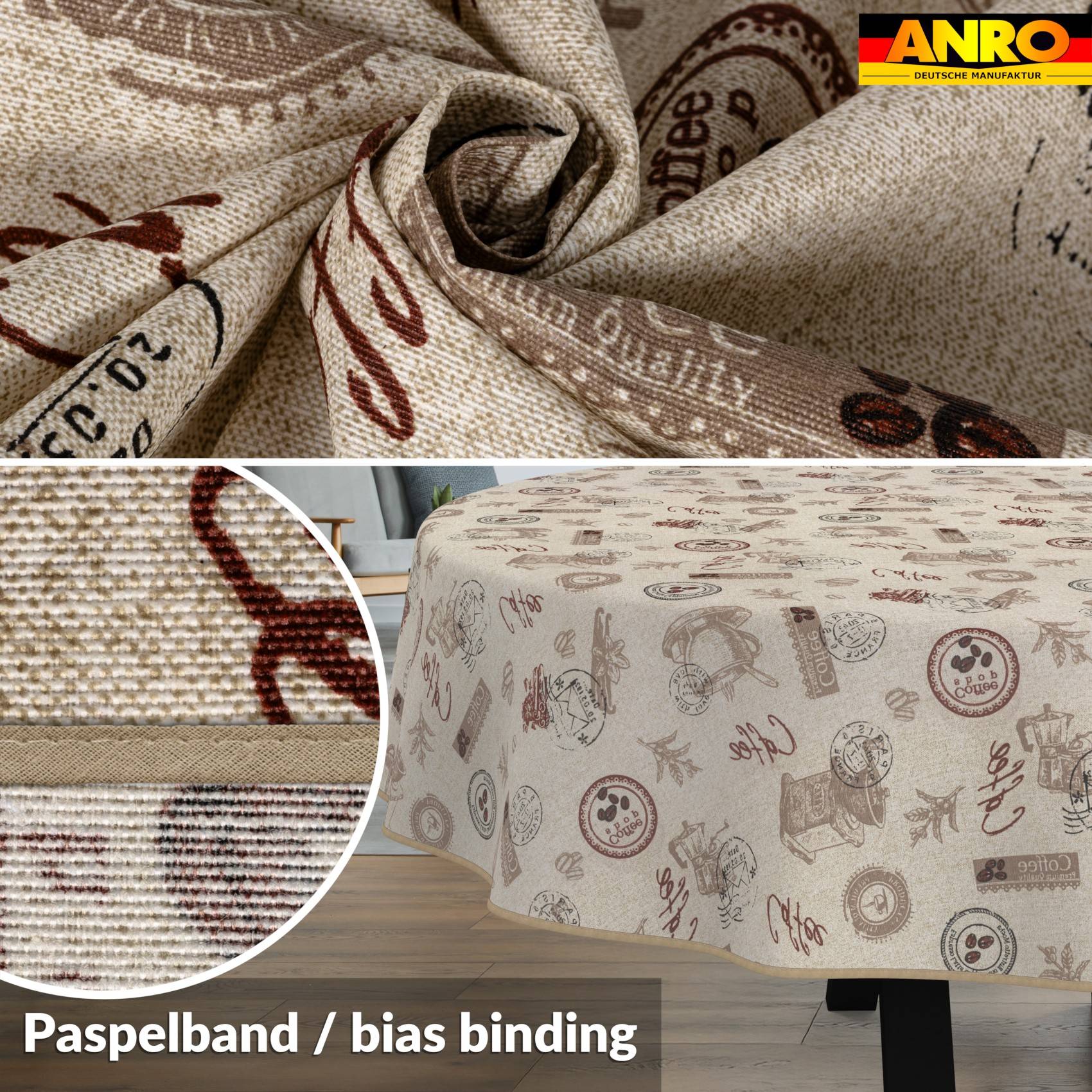 Collage aus beigem gewebtem Stoff und einem Tisch mit gemustertem Tuch, beschriftet mit „Paspelband / Schrägband".