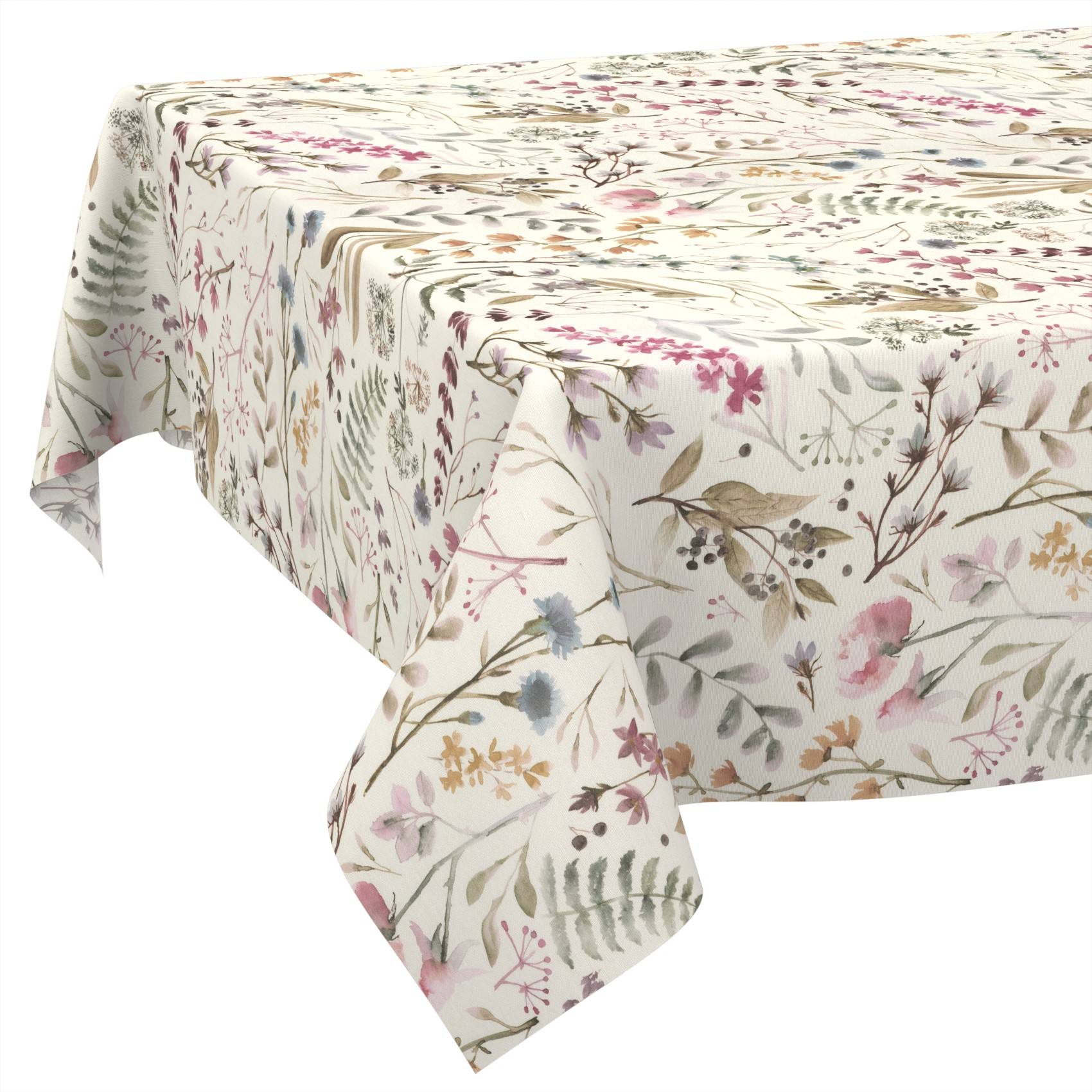 Rechteckige Tischdecke mit creme-farbenem Blumen- und Vogelmuster, über einem Tisch auf weißem Hintergrund drapiert.
