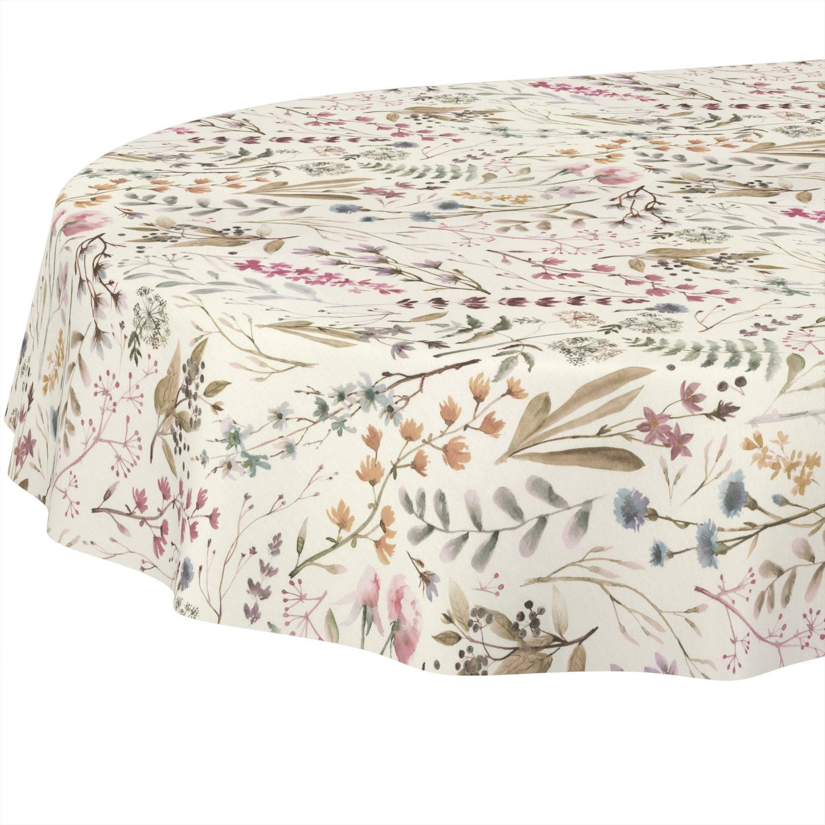 Runde Tischdecke mit zartem Wildblumen- und Blattwerk-Botanik-Druck auf weißem Hintergrund.