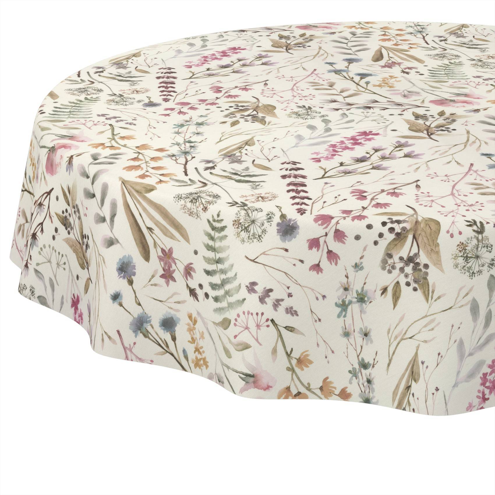 Tischdecke mit Blumenmuster und zartem botanischem Druck von Wildblumen und Blättern auf hellem Hintergrund.