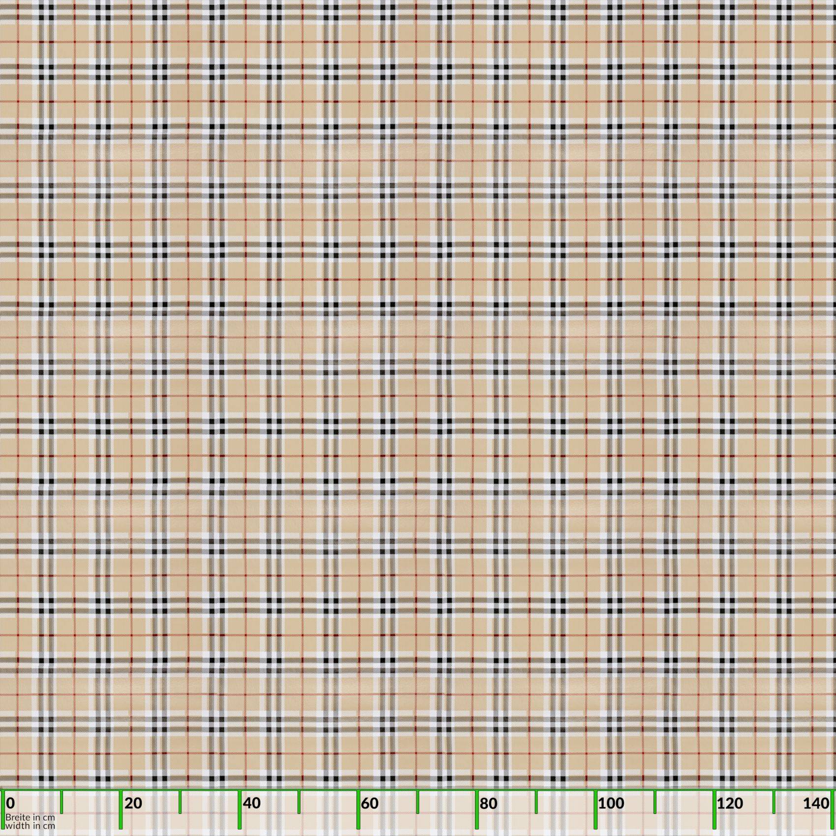 Beige Karomuster aus Stoff mit dünnen schwarzen, weißen und roten sich kreuzenden Linien, mit einer Messskala entlang der Unterseite dargestellt.