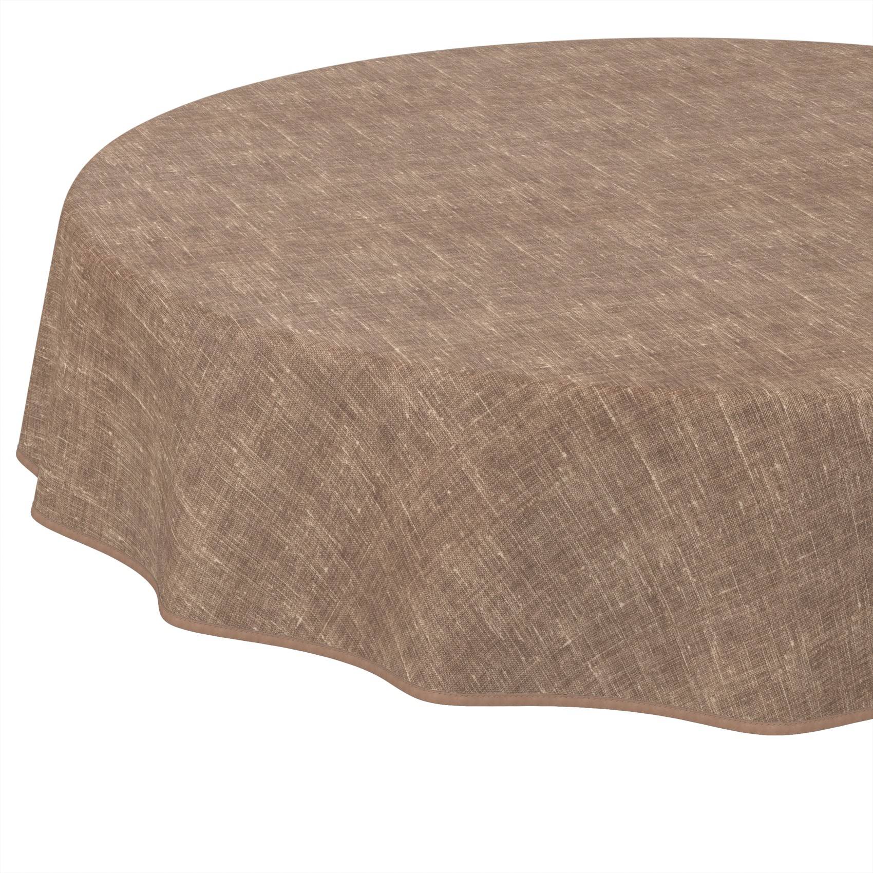 Braune strukturierte Tischdecke, die über einem Tisch drapiert ist, in Nahaufnahme mit wellenförmigen Kanten dargestellt.