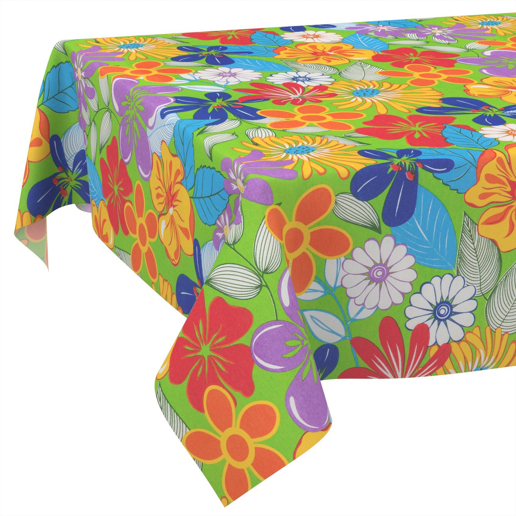 Farbenfrohe Blumtischdecke mit großen mehrfarbigen Blüten und Blättern auf einem rechteckigen Tisch vor weißem Hintergrund.