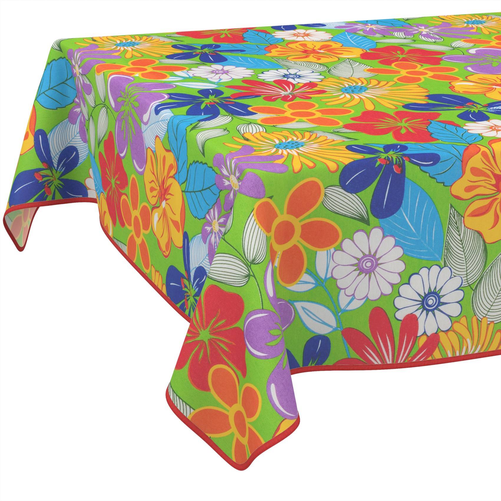 Helle, blumig gemusterte Tischdecke mit bunten Blumen und Blättern, die über einem rechteckigen Tisch drapiert ist.