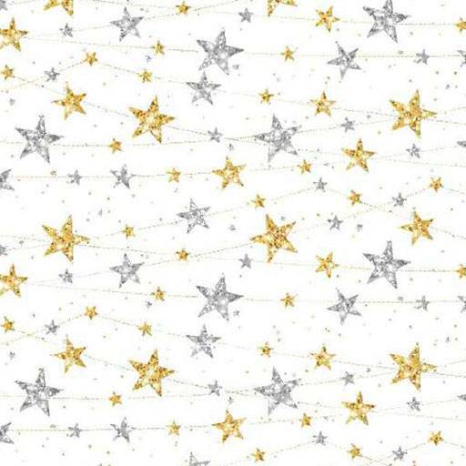 Weißer Hintergrund mit verstreuten Gold- und Silbersternen und dünnen gewellten Girlanden, wie ein festliches Konfetti-Muster.