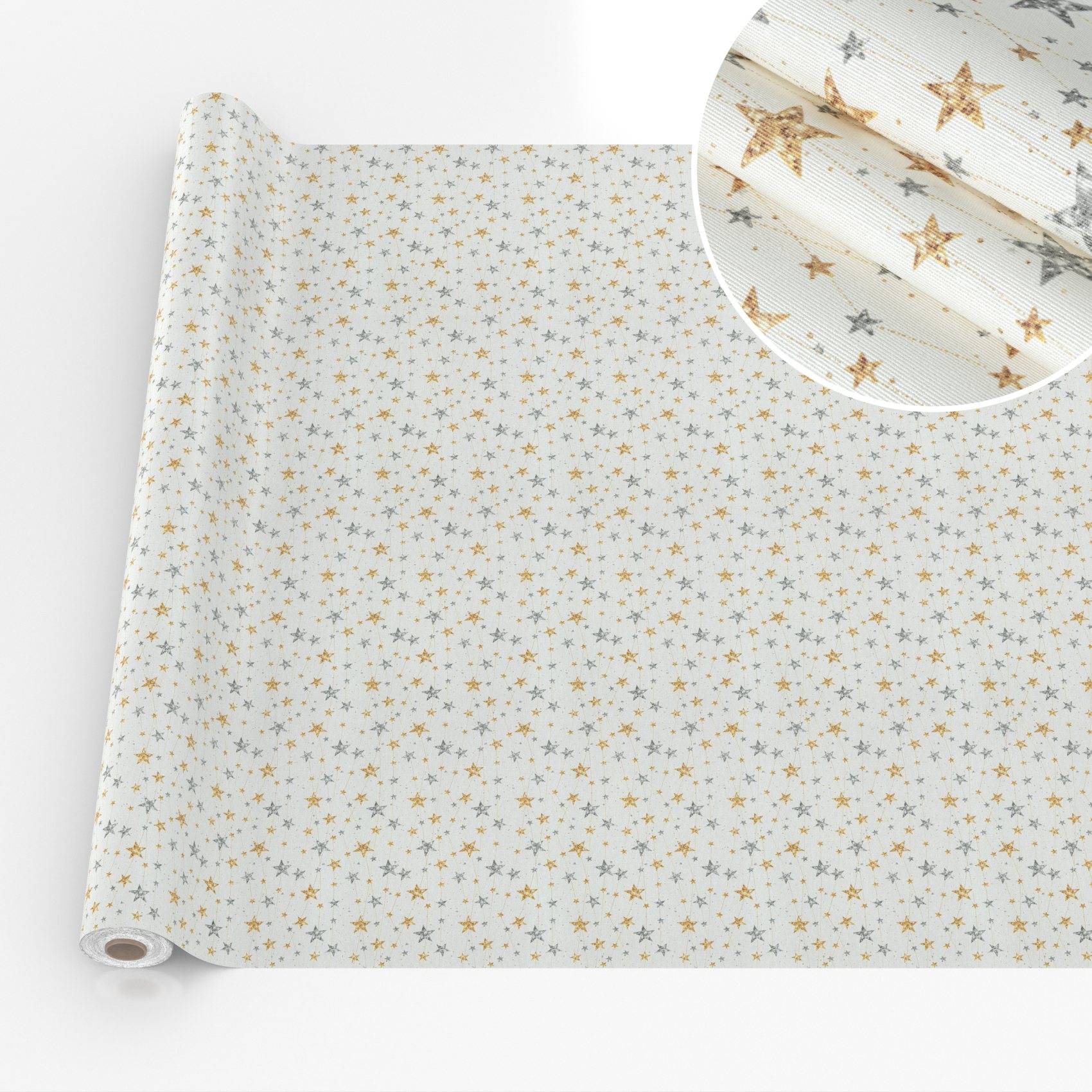 Weißes Geschenkpapier mit winzigen Gold- und Grauesternen, aufgerollt dargestellt mit einer vergrößerten Nahaufnahme, die das metallische Sternenmuster hervorhebt.