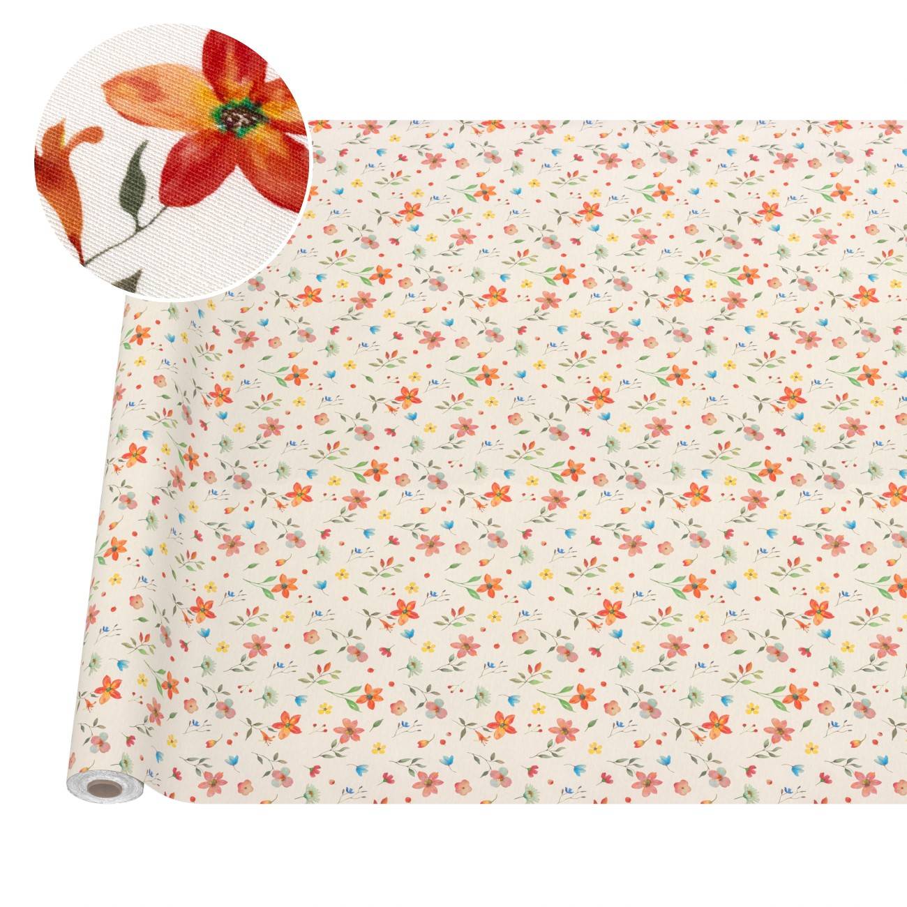 Rolle cremefarbiger Tapete mit Blumenmuster, kleine mehrfarbige Blüten und eine Nahaufnahme-Einfügung mit einem größeren rot-orangefarbenen Blütenmotiv.