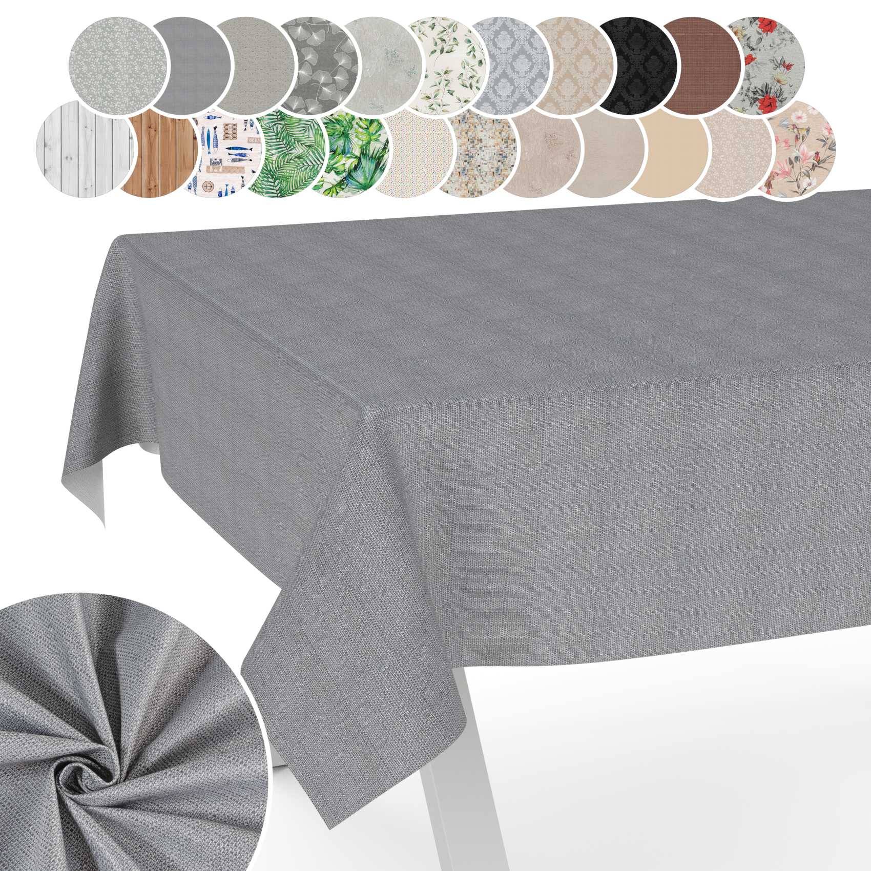 Graue Tischdecke, die einen Esstisch bedeckt, mit Stofffarbmustern oben und einer Nahaufnahme des strukturierten Materials unten links.