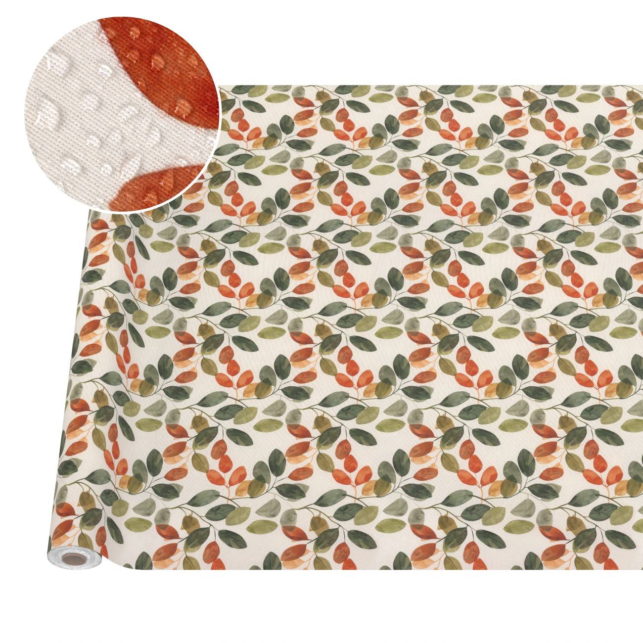 Rolle weißer Stoff mit orange- und grünem Blatt- und Beerenmuster, gezeigt mit einer vergrößerten Nahaufnahme des strukturierten Materials.