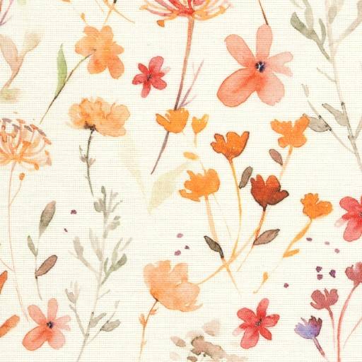 Aquarellblumenmuster mit verstreuten orange, rosa und roten Wildblumen und blassen Blättern auf hellcreme Hintergrund.