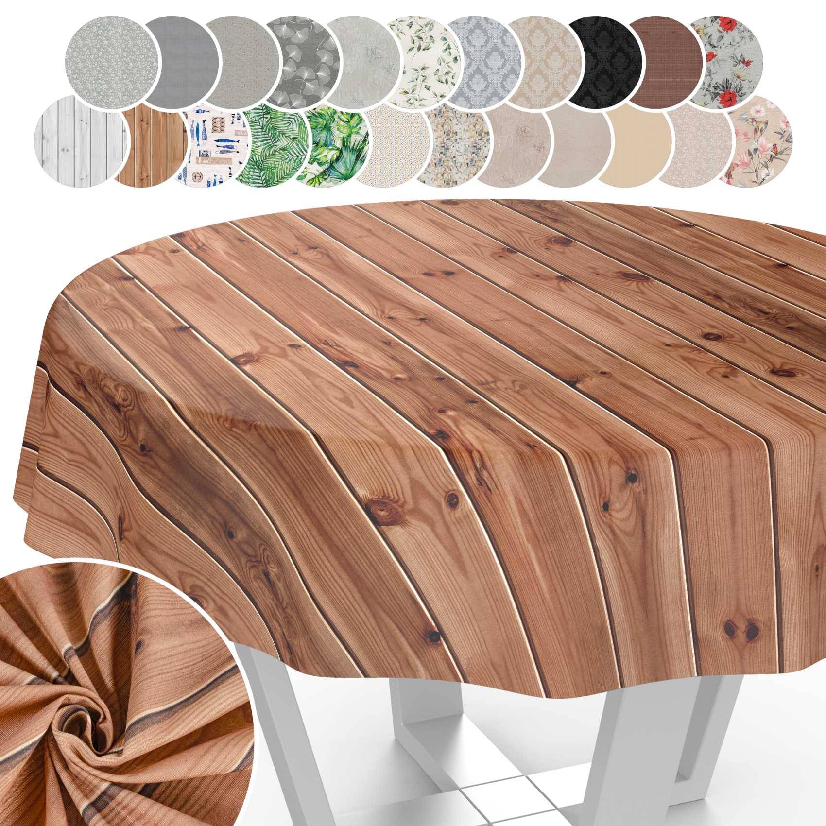 Runder Esstisch mit Holzmaserung-Tischdecke, dargestellt mit Stoffmusteroptionen oben und einer drapierter Stoff-Detailansicht unten links.