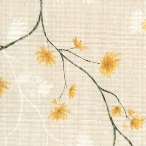 Nahaufnahme eines beigefarbenen Blumenstoffmusters mit dünnen grünen Stielen und kleinen gelben gänseblümchenähnlichen Blüten.