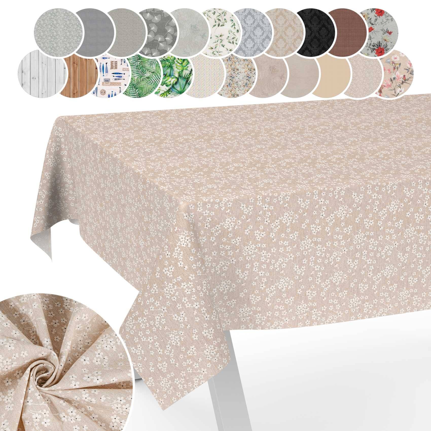 Beige Floral-Tischdecke auf einem Esstisch gezeigt, mit kreisförmigen Mustern oben und einer Nahaufnahme des Stoffes eingefügt, die das Muster und die Farboptionen veranschaulicht.