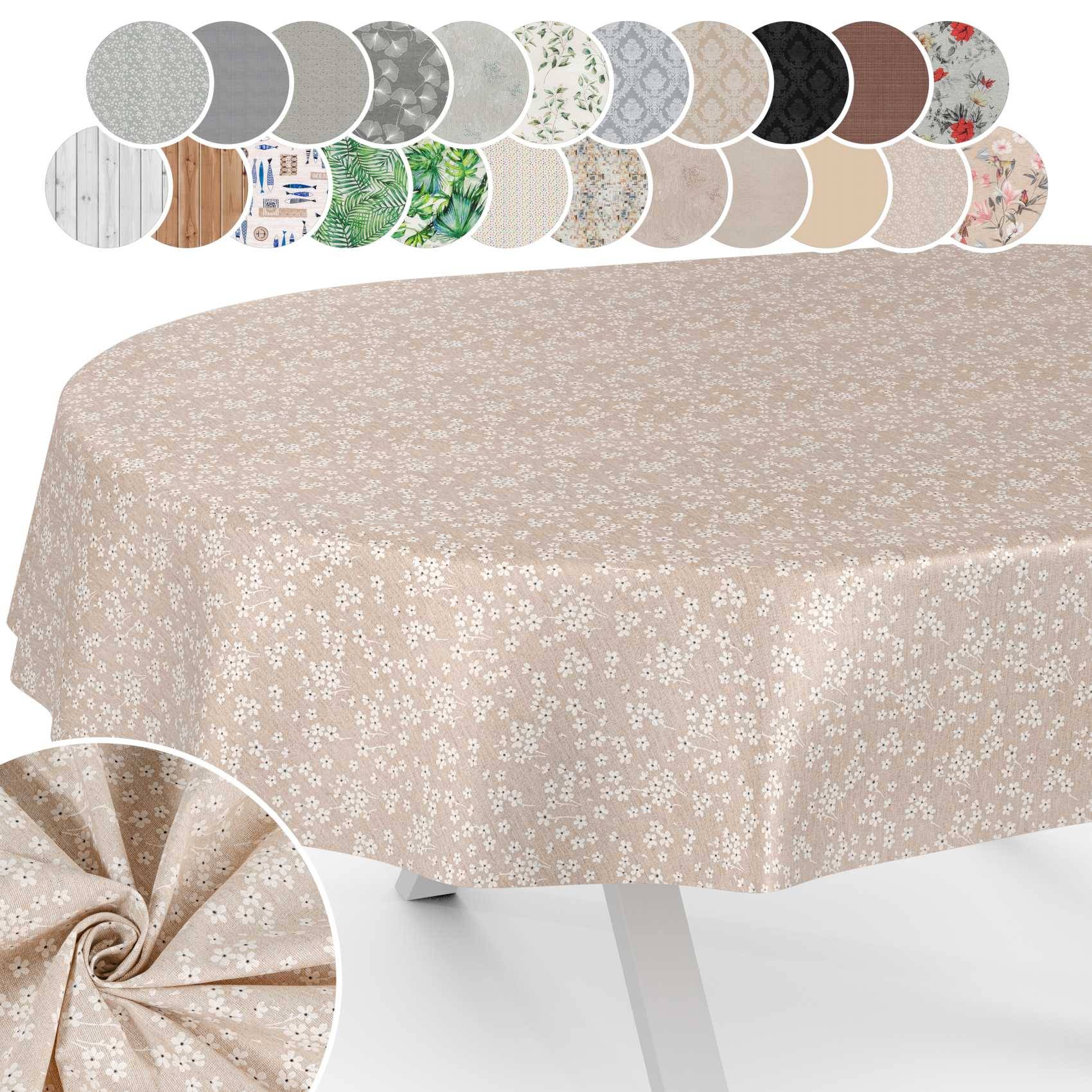 Runde beige Blumentischschutzdecke, die auf einem Tisch ausgestellt ist, mit kreisförmigen Mustern oben, die verfügbare Stoff- und Musteroptionen zeigen.