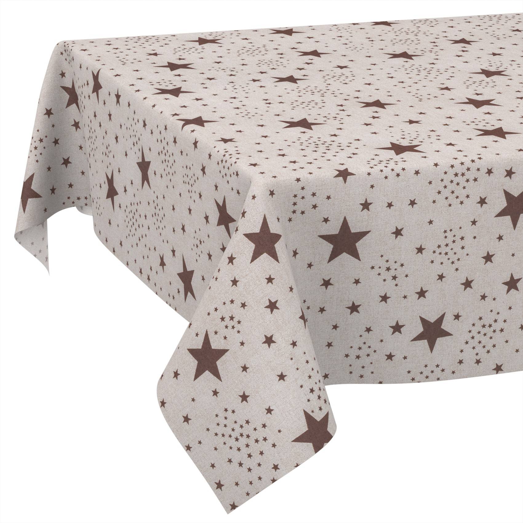 Beige Tischdecke mit braunem Sternmuster, über einen Tisch drapiert