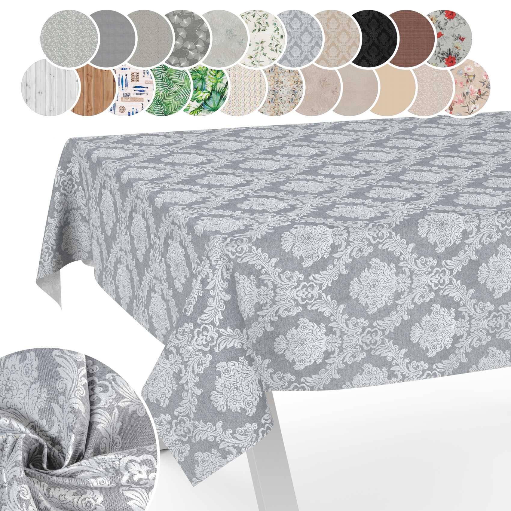 Graukarierte Tischdecke mit Blumenmuster, die über einem Tisch drapiert ist, mit einer Reihe von Stofffarb-/Mustermustern oben und einer Nahaufnahme des Materials unten links.