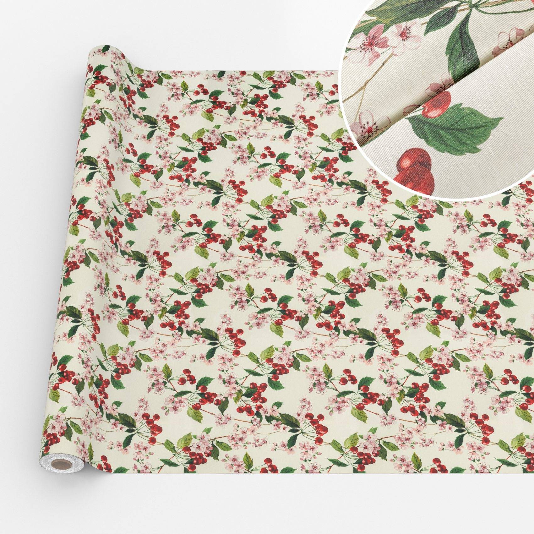 Rolle Creme-Blumentapete mit roten Beeren und grünen Blättern, gezeigt mit einer vergrößerten Abbildung des Druckmusters und der glatten Textur.
