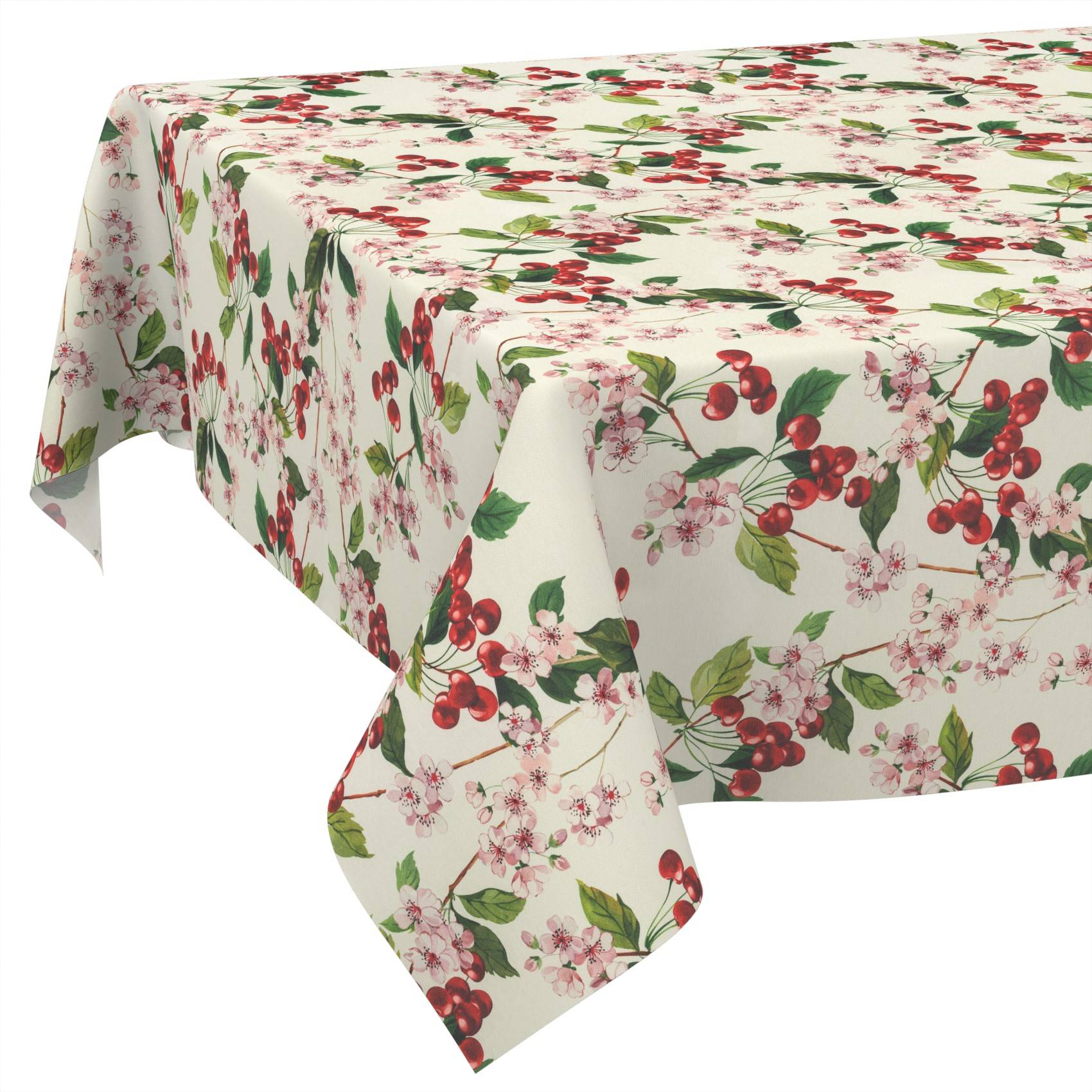 Rechteckige Tischdecke mit weißem Hintergrund und rotem Kirsch- und rosafarbenem Blütenfloraldruck, über einen Tisch drapiert.