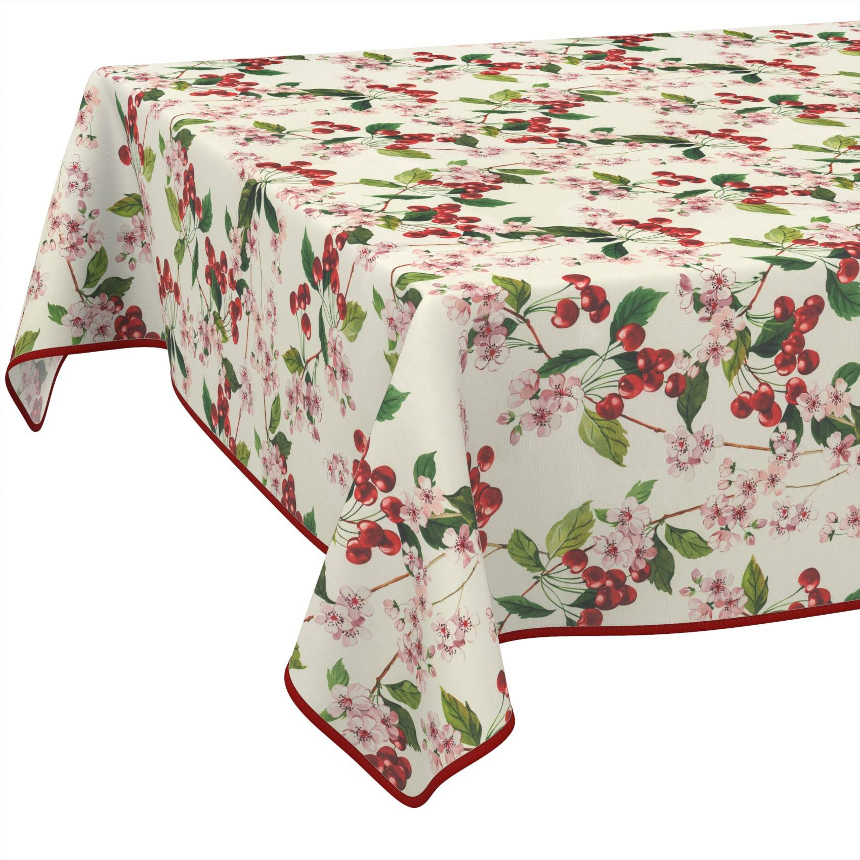 Rechteckige Tischdecke mit einem Kirschblüten- und roten Beerenmuster, eingefasst mit einer dunkelroten Bordüre.