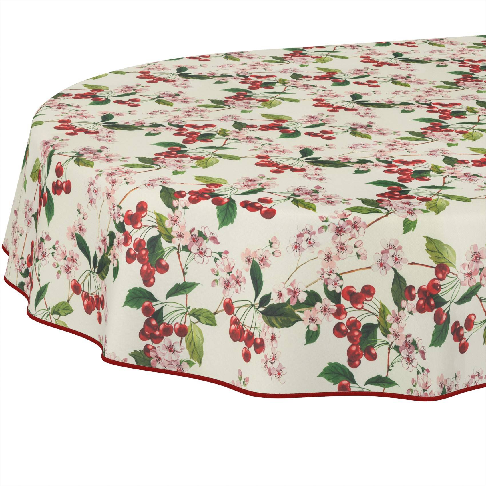 Runde Tischdecke mit rotem Kirsch- und rosa Blütenmuster auf cremefarbenem Hintergrund.