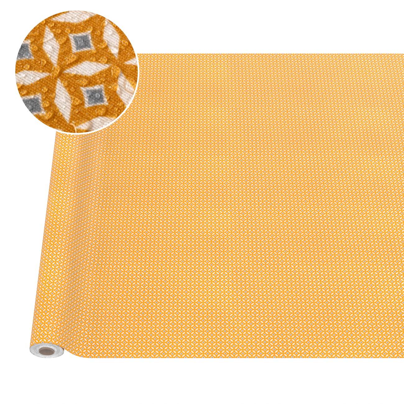 Tapeterolle mit orangefarbenem Muster und einer kleinen kreisförmigen Nahaufnahme, die das sich wiederholende geometrische Design zeigt.