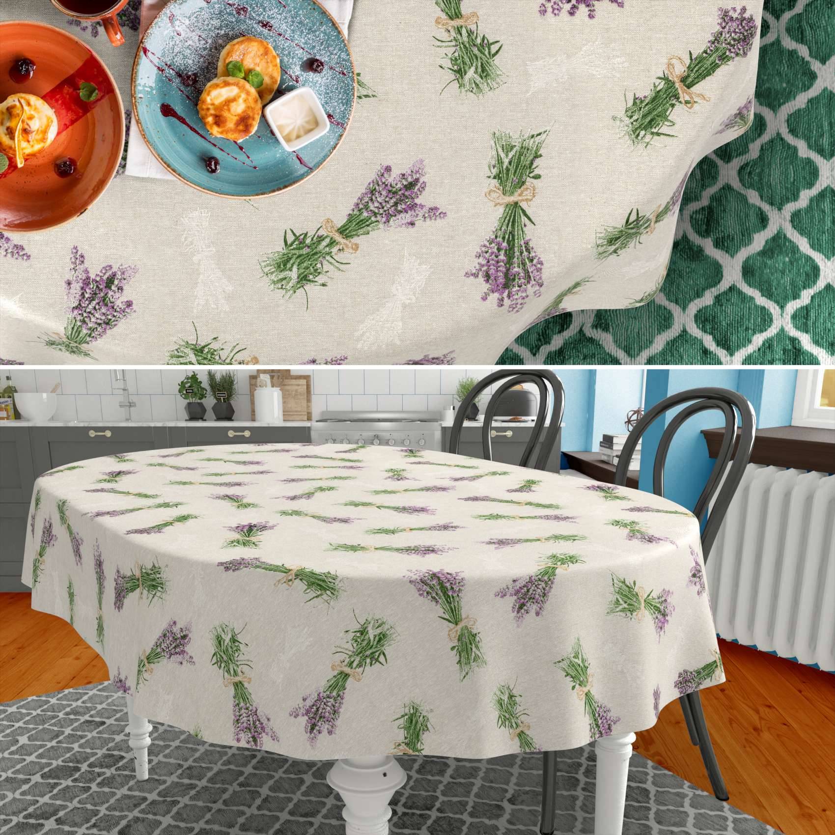 Tischdecke mit Lavendelmustern, rund, gezeigt auf einem Esstisch, mit nahaufnahme des passenden Stoffes und festlich gedecktem Tisch in einer Küche.