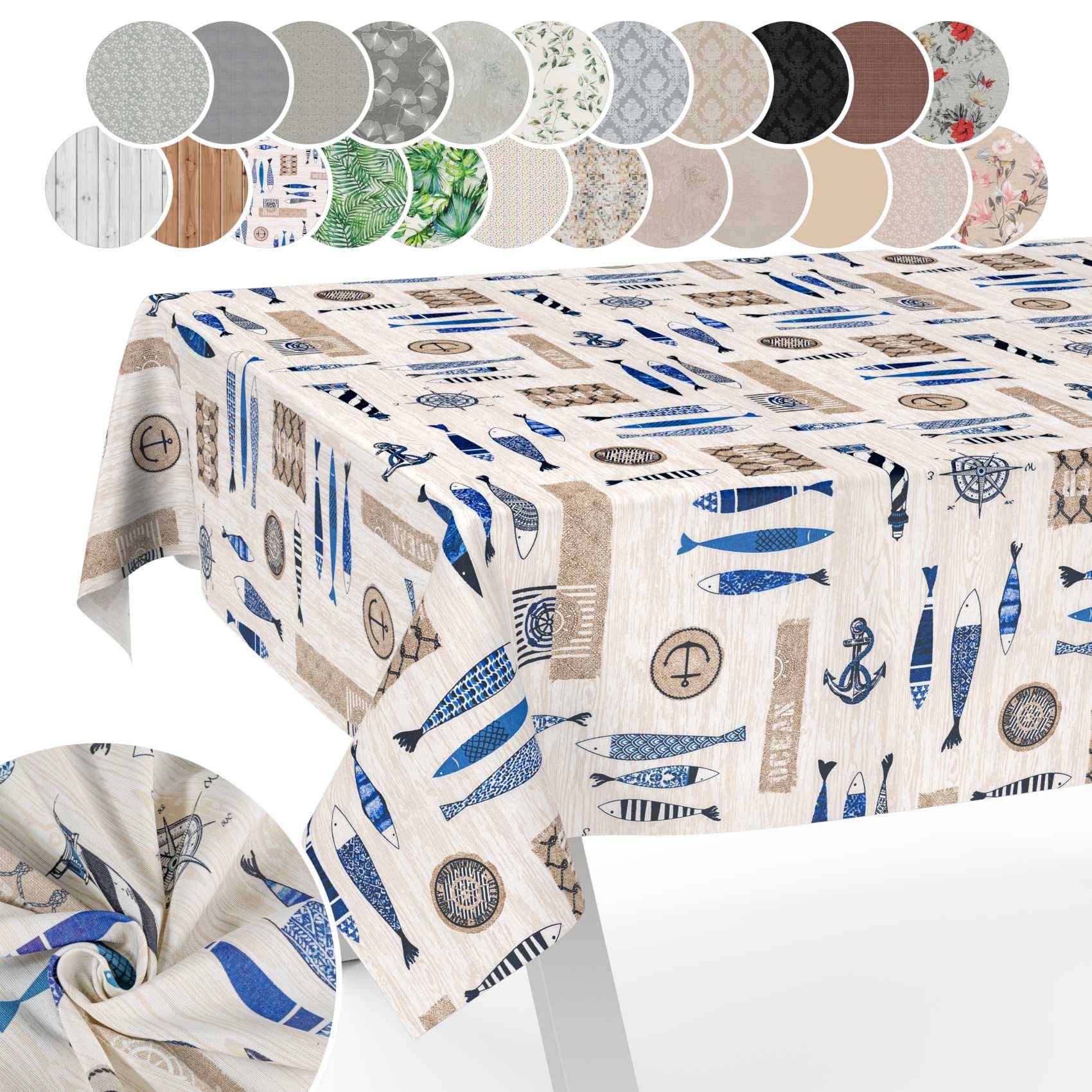 Tischdecke mit blauen nautischen Motiven, drapiert über einem Tisch dargestellt, mit kreisförmigen Mustern verfügbarer Stoffe oben.