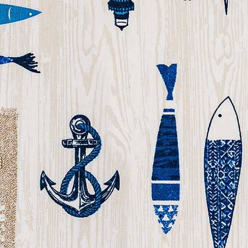 Blaue nautische Motive auf hellem Holzhintergrund, einschließlich eines Ankers, eines Fisches und eines hängenden Schwimmers, angeordnet als dekorative Tapete.