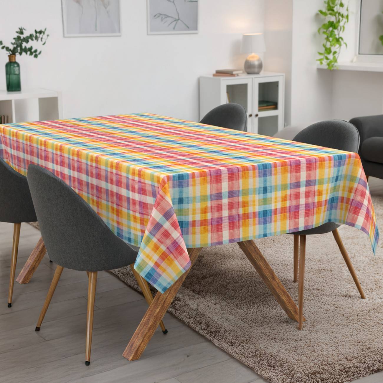 Esstisch mit einer farbenfrohen karierten Tischdecke, umgeben von modernen Stühlen in einem hellen Wohn-Esszimmer.