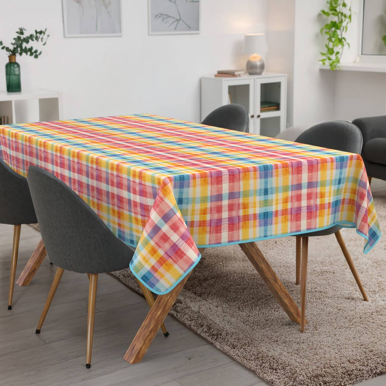 Kariertes, farbiges Tischtuch auf einem Esstisch in einem modernen Wohnzimmer mit vier dunklen Stühlen und einem beigen Teppich.