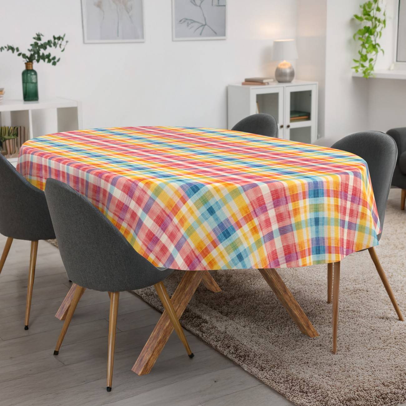 Esstisch mit bunter Karriertes Tischdecke bedeckt, umgeben von dunkelgrauen Stühlen in einem modernen Esszimmer.