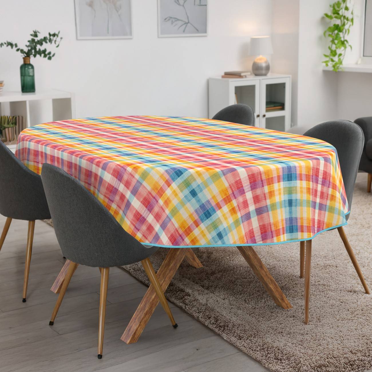 Ein farbenfrohe karierte Tischdecke bedeckt einen Esstisch mit vier dunklen Stühlen in einem modernen Wohn-/Esszimmer.