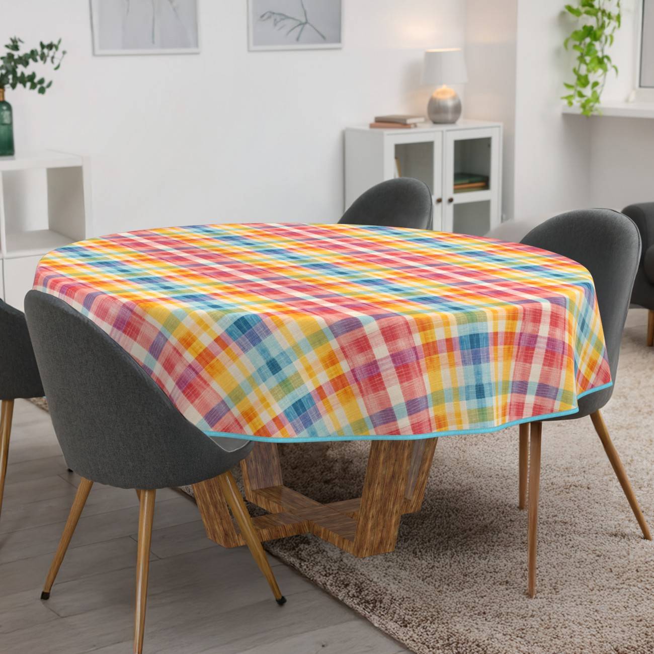 Esstisch mit einer farbenfrohen karierten Tischdecke in einem modernen Wohn-/Esszimmer mit grauen Stühlen und heller Einrichtung.