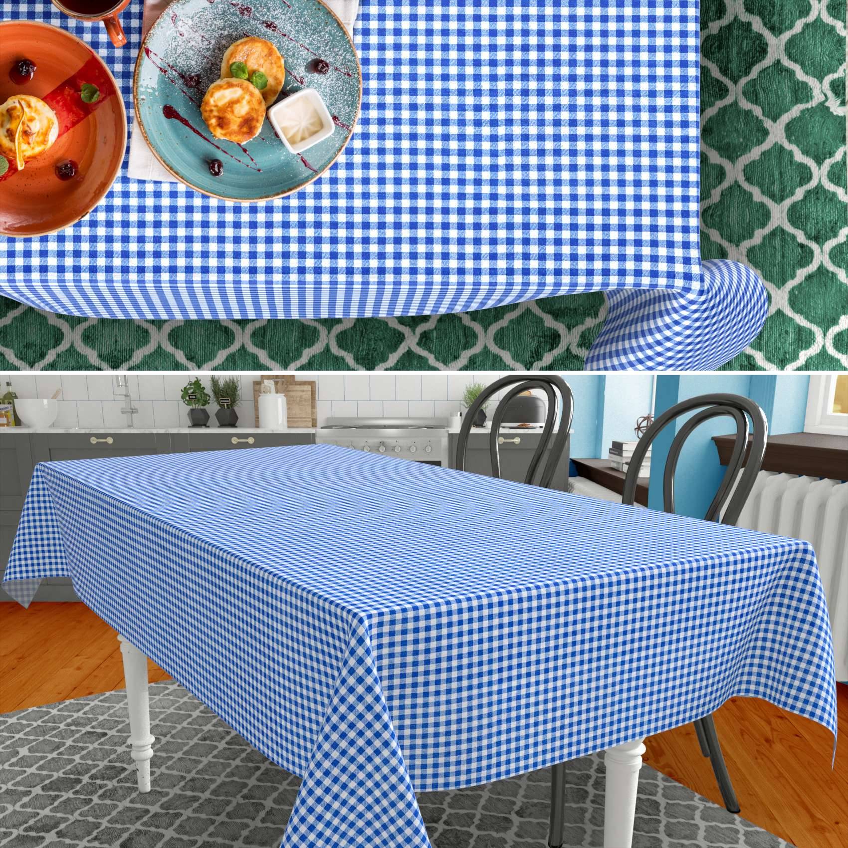 Blau-weiß kariertes Tischtuch auf einem Esstisch gezeigt, mit einer Einfügung oben eines eingedeckten Tisches mit Tellern voller Essen.