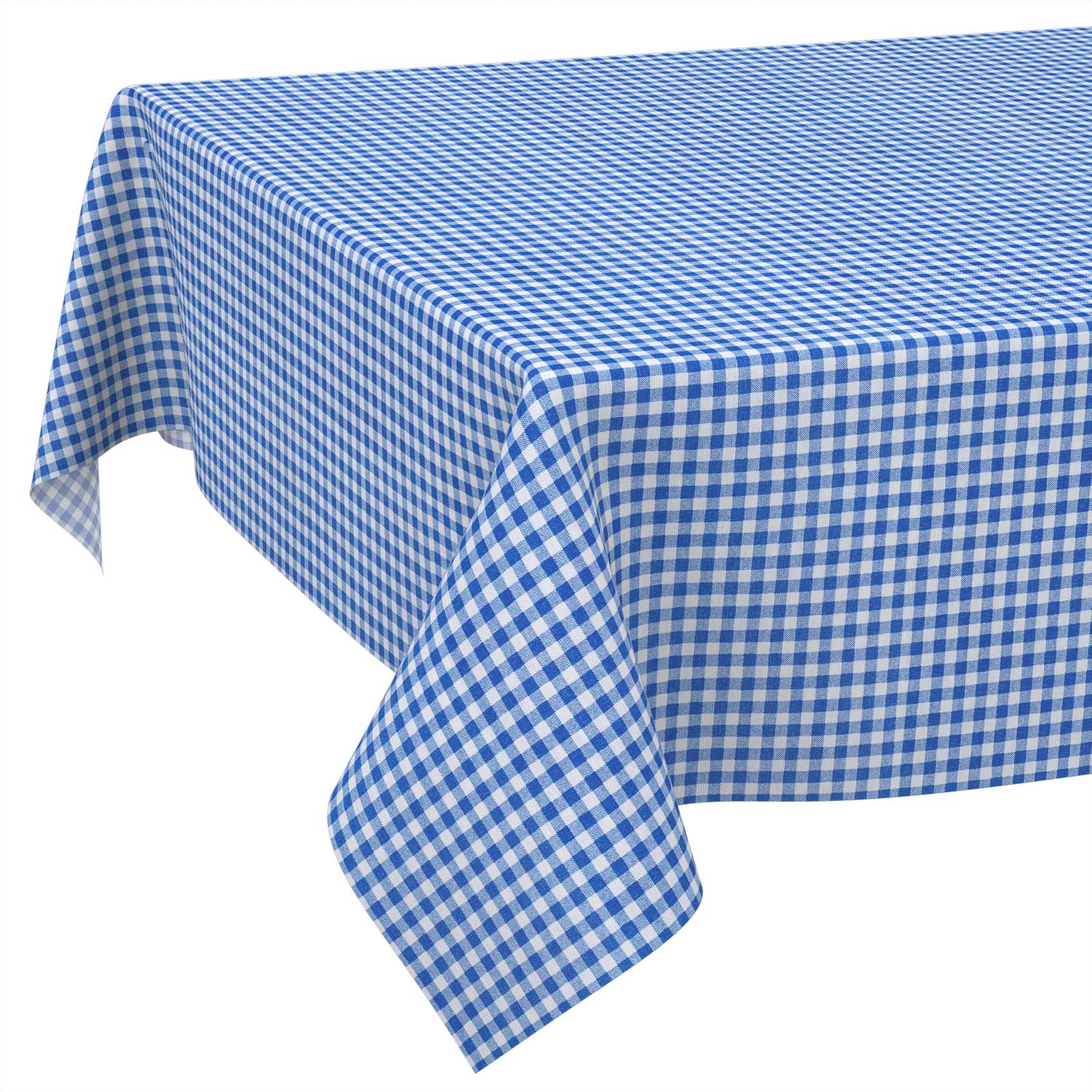 Blau-weiss kariertes Tischtuch, das über einen rechteckigen Tisch gegen einen weissen Hintergrund drapiert ist.