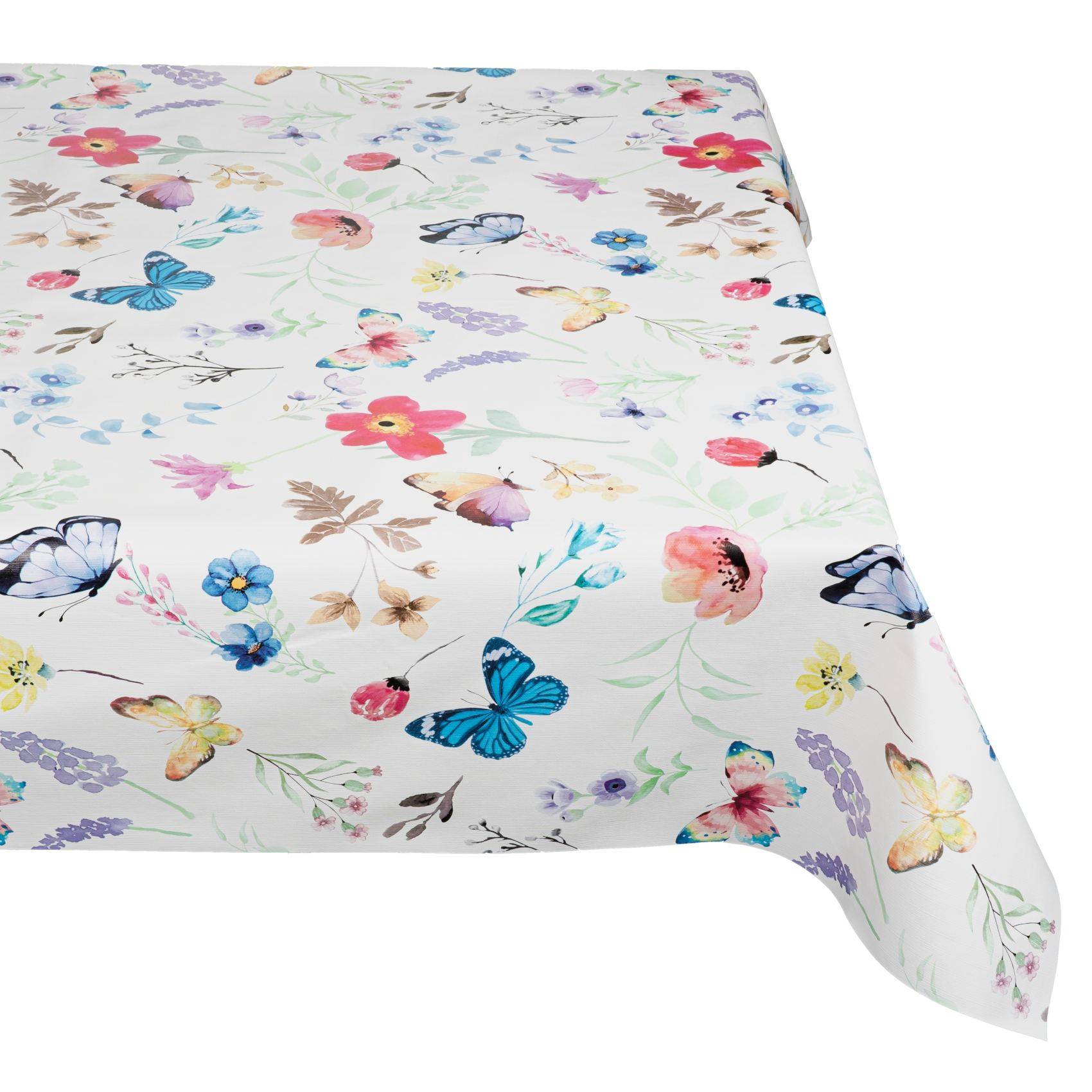 Weißer Stoff mit einem farbenfrohen Aquarell-Blumen- und Schmetterlingsprint, dargestellt mit einer geschwungenen Kante vor einem einfachen Hintergrund.
