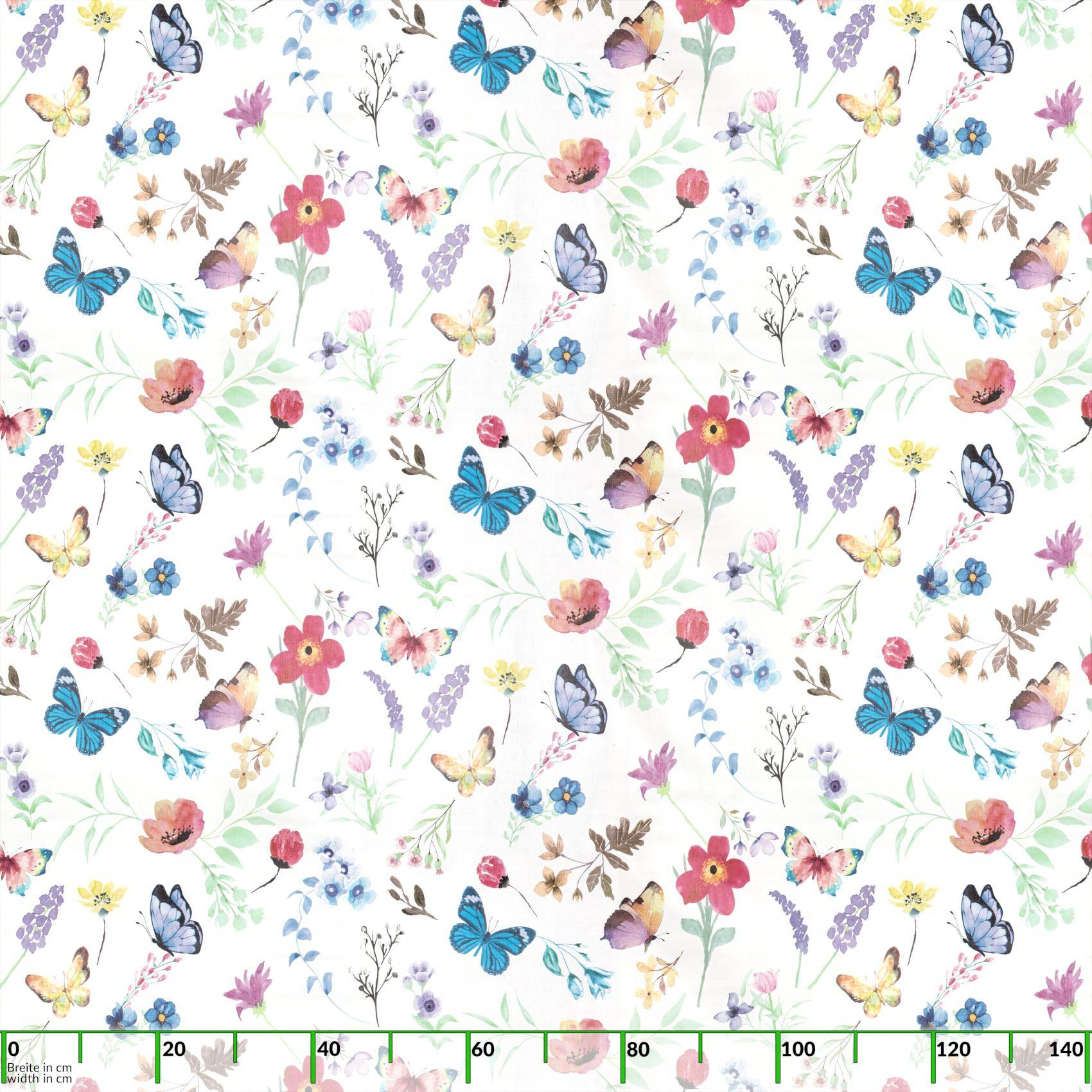 Nahtloses Aquarellmuster von Schmetterlingen, Blumen und Zweigen auf weißem Hintergrund, mit einer grünen Maßstabskala am unteren Rand.