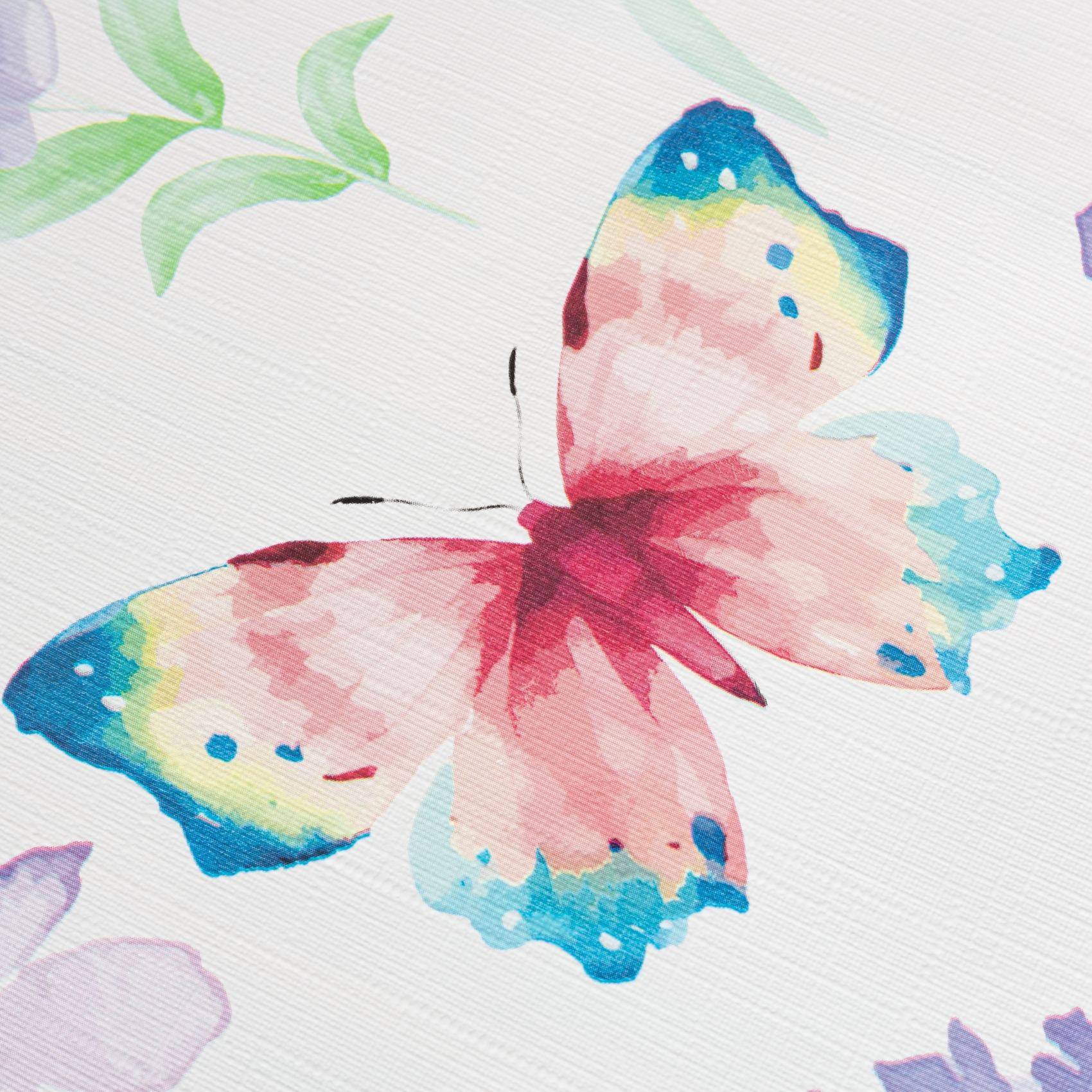 Aquarellillustration eines rosa Schmetterlings mit blau und gelb gespitzten Flügeln, umgeben von weichen grünen und violetten Blättern auf hellem Hintergrund.