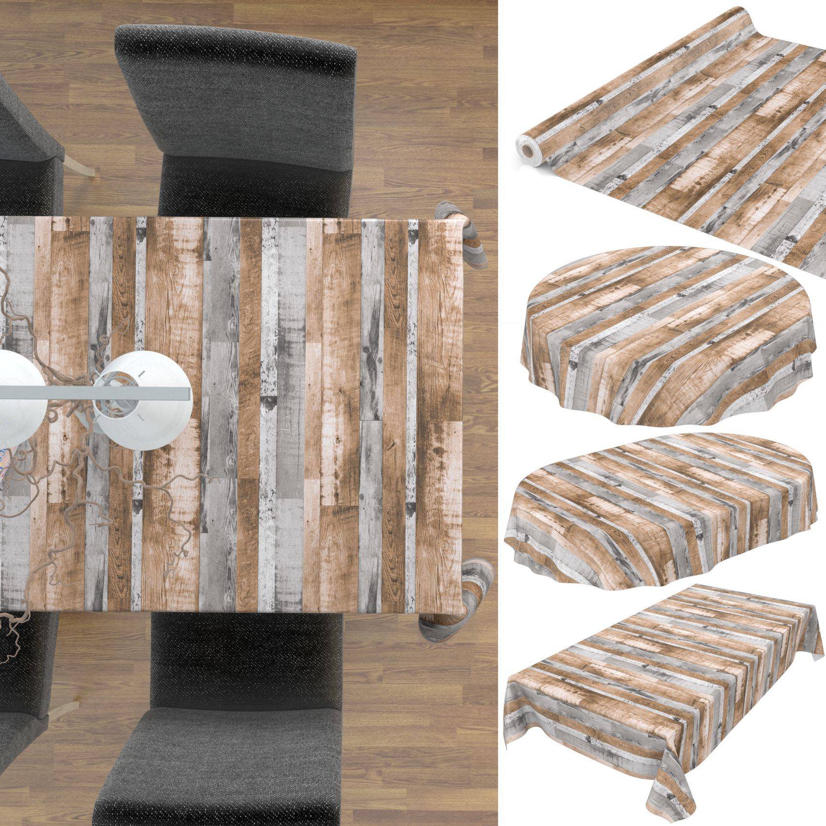 Draufsicht auf einen Esstisch mit einer Tischdecke im Holzdielen-Muster und Stühlen, plus vier Produktansichten der gleichen Fitted-Tischdecke auf der rechten Seite.