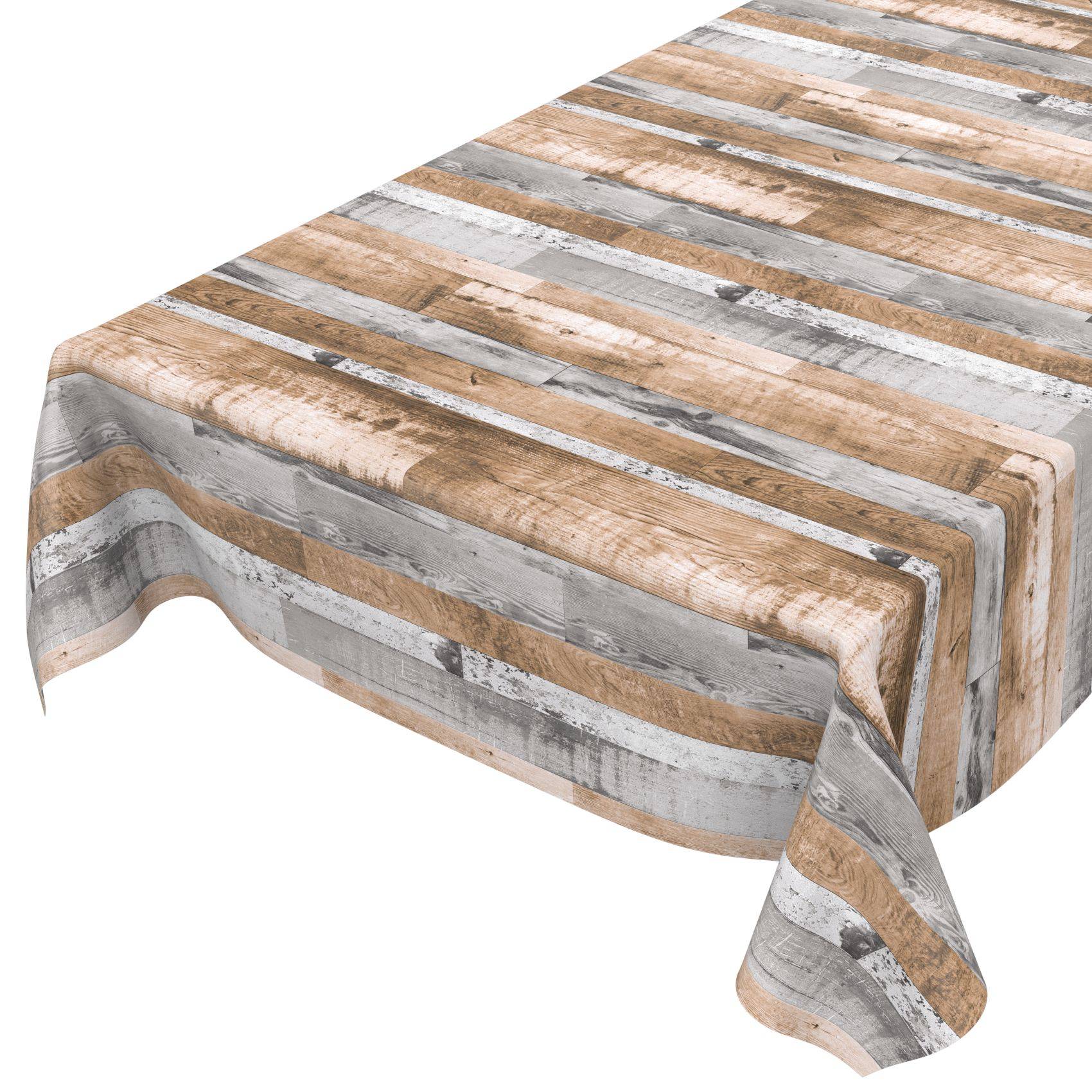 Rechteckige Tischdecke mit rustikalem Holzplanken-Druck in Grau, Beige und Weiß, über einen Tisch drapiert vor weißem Hintergrund.