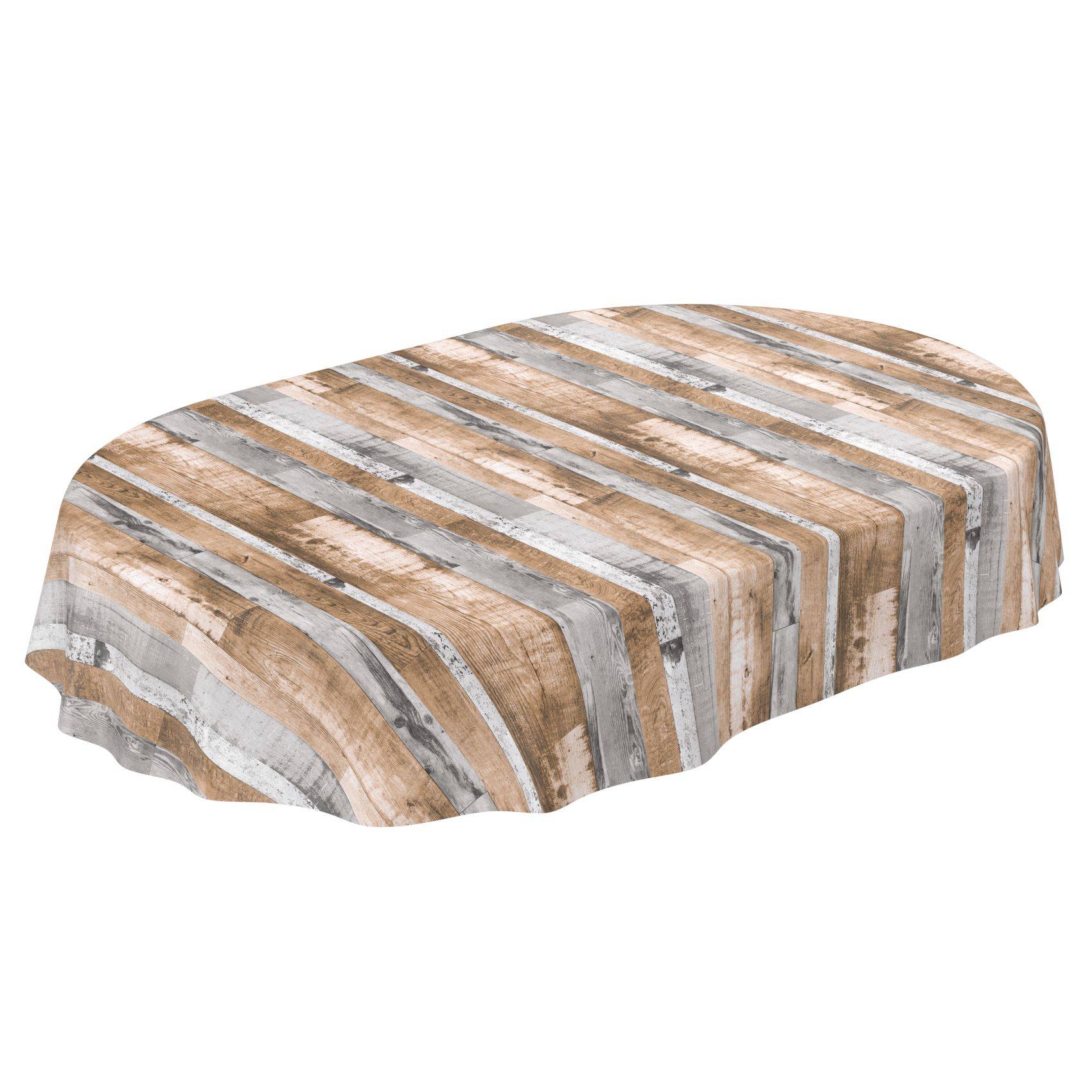 Holztisch mit einer gestreiften, anliegenden Tischdecke in Braun, Grau und Weiß auf weißem Hintergrund.