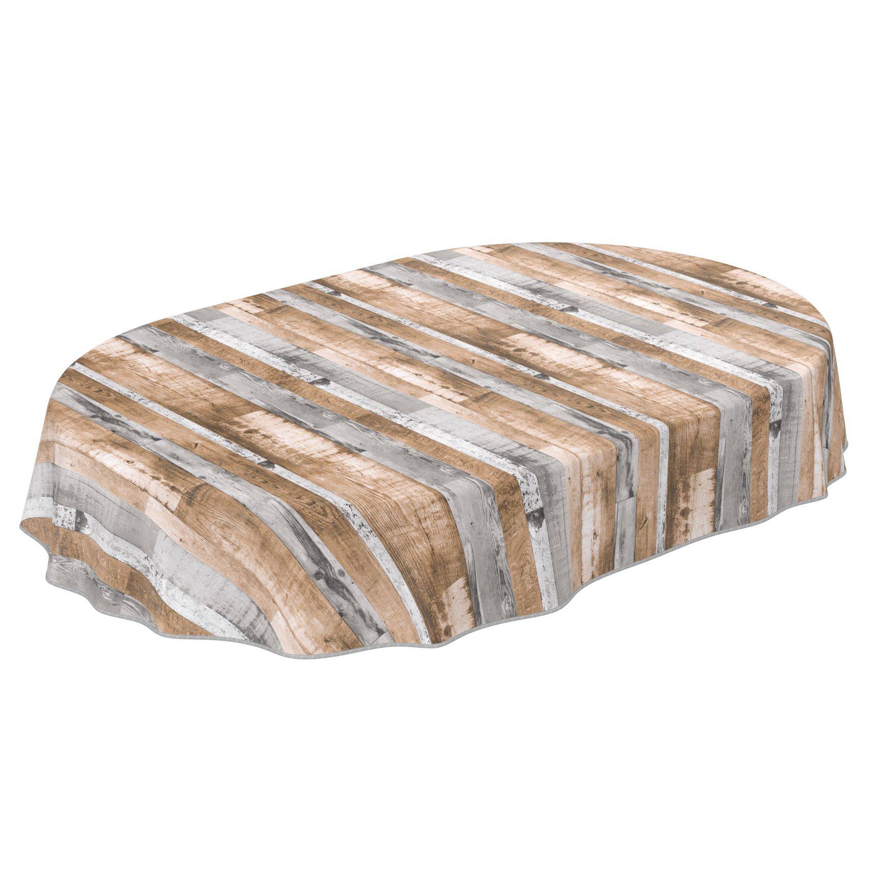 Rechteckiger Tisch mit einer gestreiften Tischdecke mit Holzmuster in Tan, Grau und Weiß auf einem einfarbigen Hintergrund.