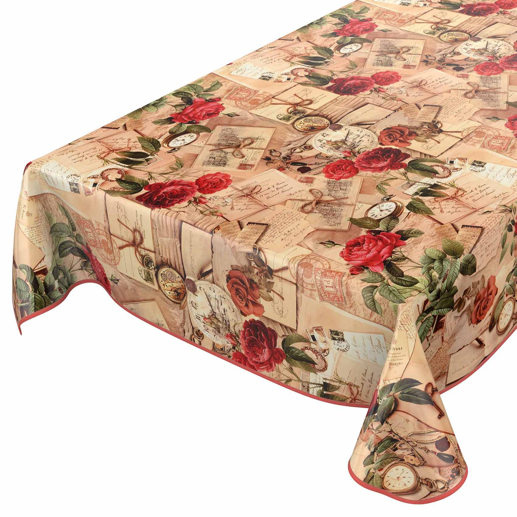 Rechteckige Tischdecke mit vintage Blumenmotiv und Uhrdruckmuster, über einen Tisch mit abgerundeten Ecken drapiert.