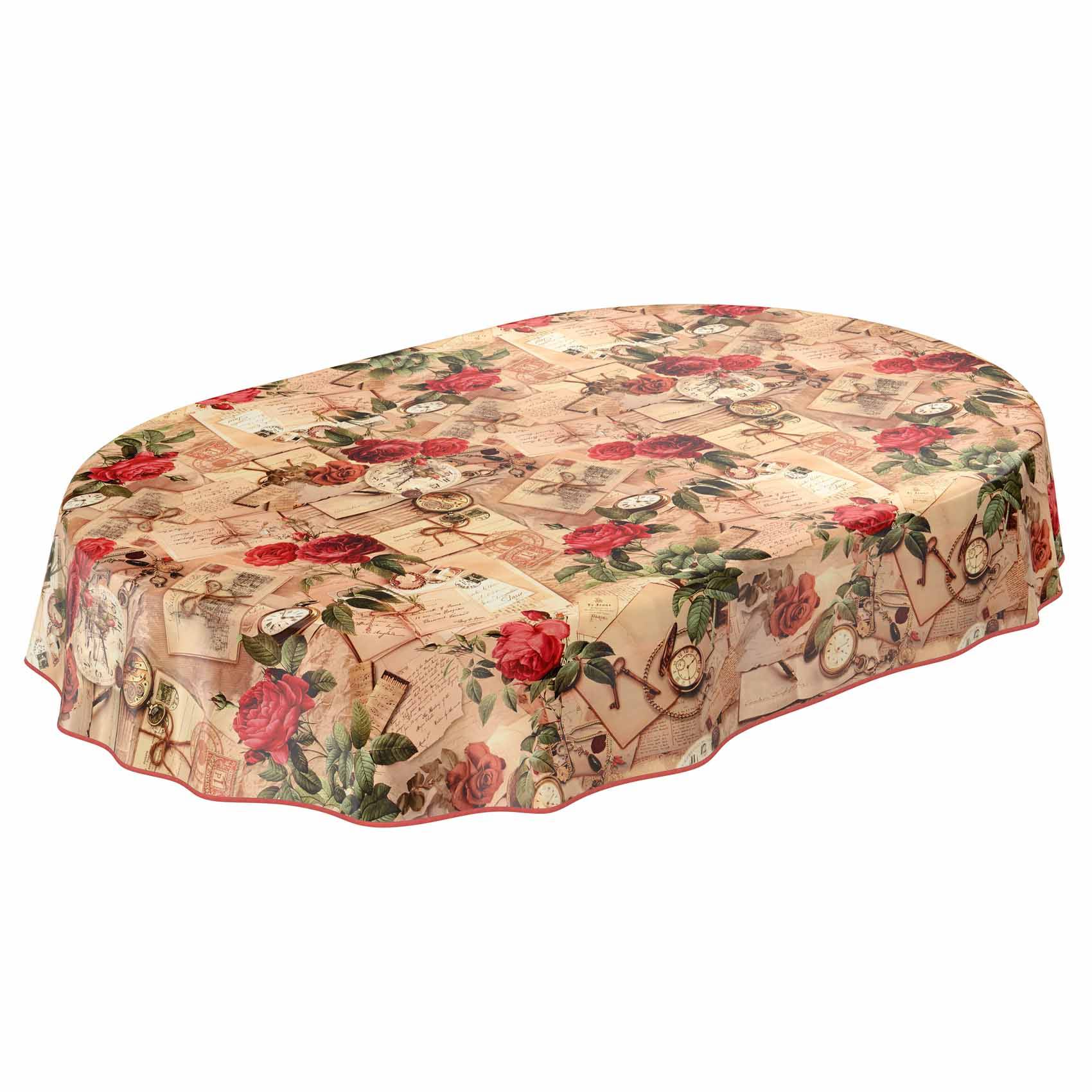Ovale Tischdecke mit Vintage-Rosen-, Uhr- und Postkartenmotiven in Beige- und Rottönen, über einen Tisch drapiert.