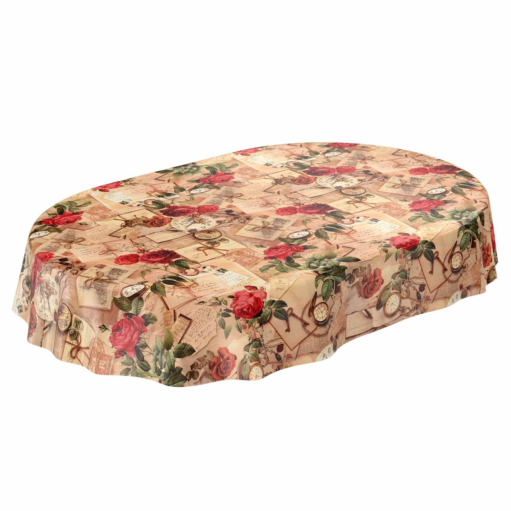 Ovaler Tisch mit einer beigen Tischdecke mit floralem Vintage-Muster mit roten Rosen und Uhrenmotiven.